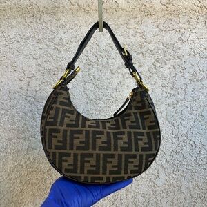 Small Brown F F jacquard fabric hobo bag